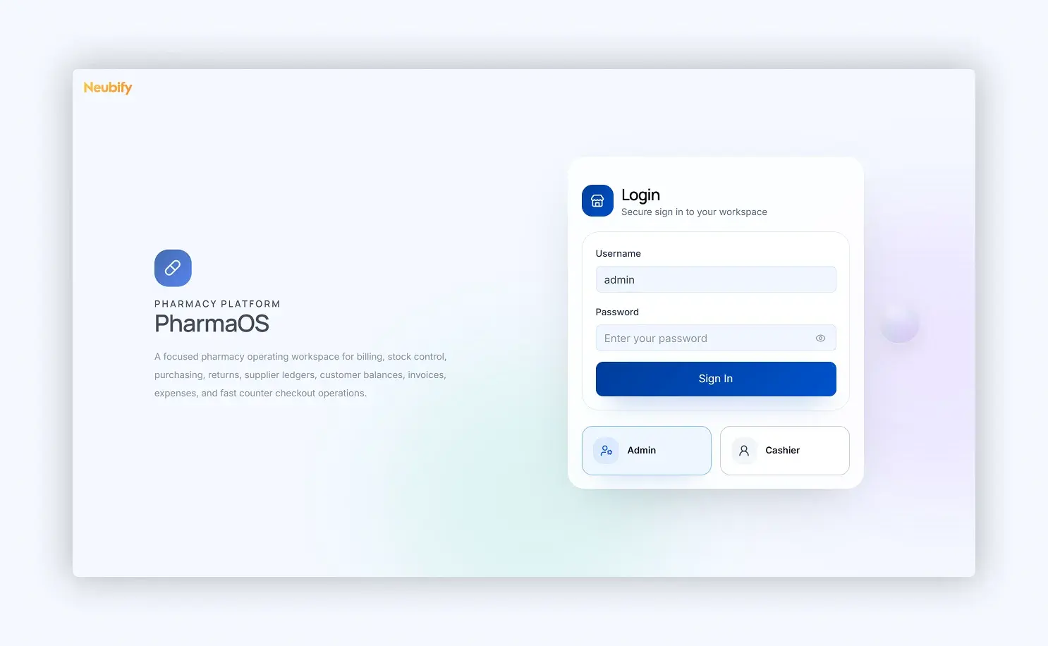PharmaOS POS dashboard preview